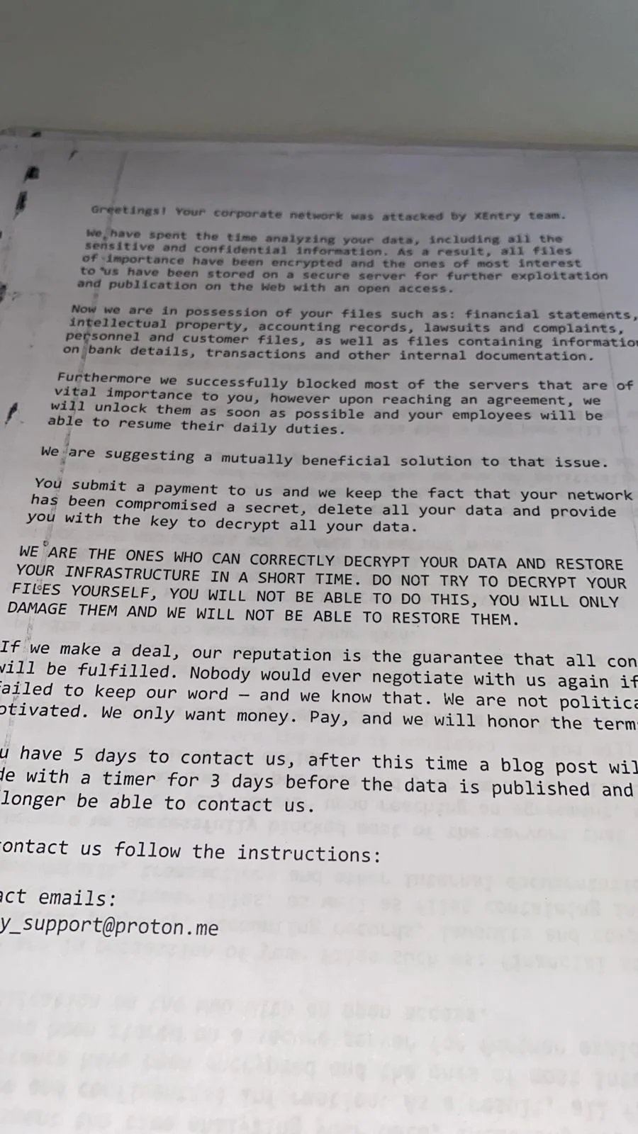 Ransom note printed by the XEntry team