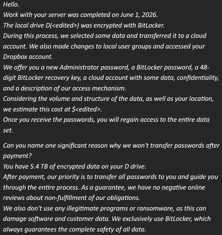 Attacker's reply to the victim's email sent to the address in the printed ransom note