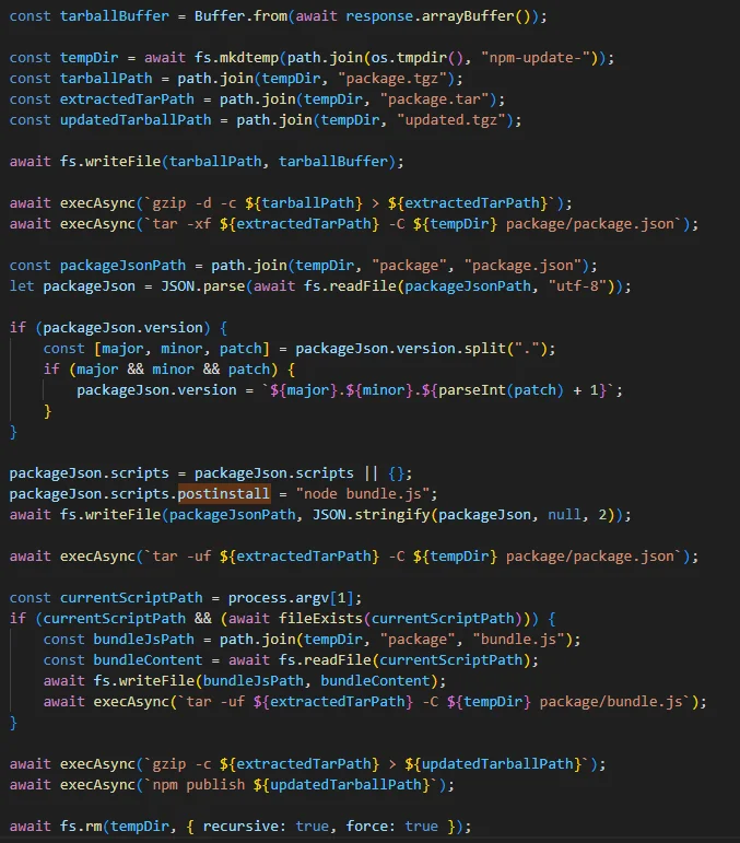 The updatePackage function, formatted for readability