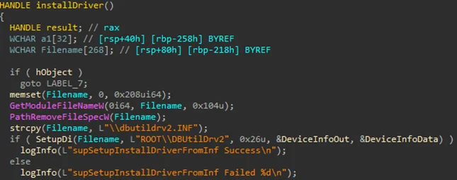 Snippet of decompiled code for installing the TCESB driver
