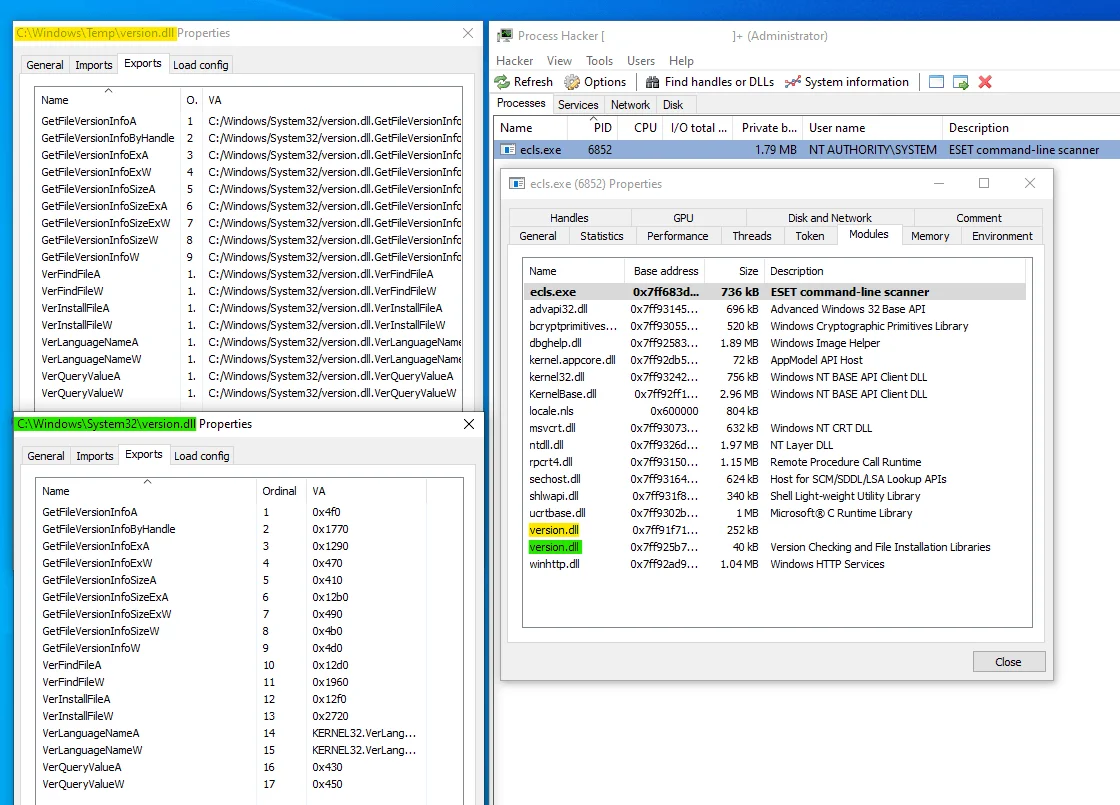 Malicious and legitimate libraries in the memory of the ecls.exe process