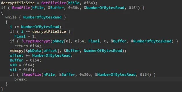 Snippet of code for reading and decrypting the payload file